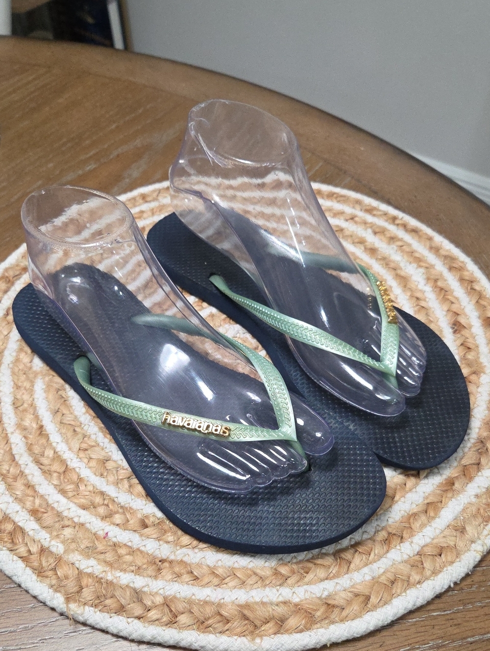 Havaianas Slim Metallic Logo Flip Flops, Navy/ Mint Green, Size 41-42